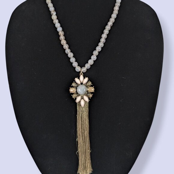 Bohemian Natural Chalcedony Beaded Fringe Pendant Necklace - Picture 3 of 6